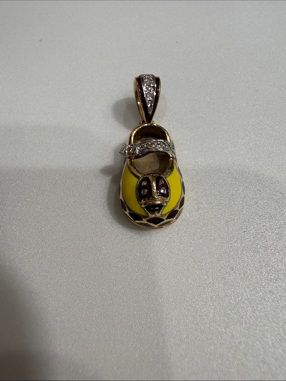 Yellow Enamel Baby Shoe 14 KT Pendant with Natural Diamond Accent